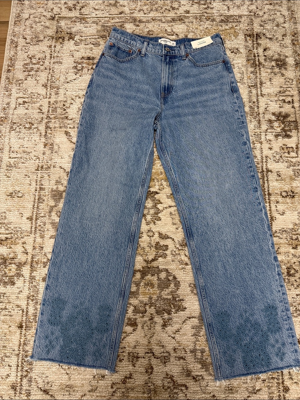 Abercrombie High Rise Loose Straight Leg Jeans With Eyelet Embroidered Detail
